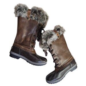 Brown Faux Leather & Fur-Lined Winter Snow Boots By Sugar Lace-Up Durable Outsol